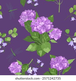 Seamless vector illustration with campanula, hydrangea and dragonflies on a purple background. For decorating textiles, packaging, paper.