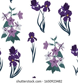 Ilustración vectorial sin problemas con campanula e iris sobre un fondo claro. Para decorar textiles, embalajes, papel pintado.