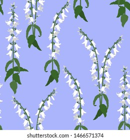 Seamless vector illustration with campanula on a blue background. For decorating textiles, packaging, web design.