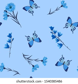 Seamless vector illustration with campanulas, cornflowers and butterflies on a blue background. For decoration of textiles, packaging, wallpaper, web design.