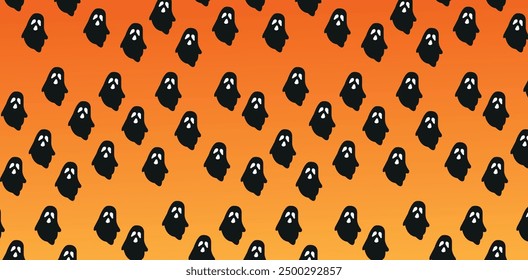 Una Ilustración vectorial perfecta de fantasmas de dibujos animados dispuestos en filas paralelas contra un fondo naranja vívido.