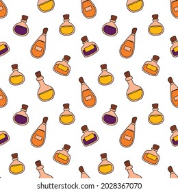 Seamless vector illustration in cartoon style from potion bottles. Halloween pattern with poisons, potions in flasks for printing on fabric, packaging, textiles and much more.