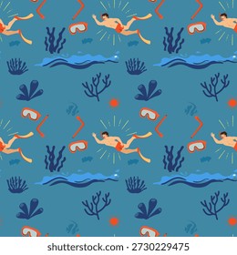 Ilustração de vetor sem costura de um padrão subaquático de desenho animado com peixes tropicais e vida marinha como peixes e recifes de corais em um design de oceano azul