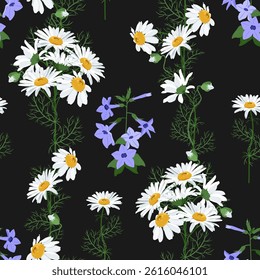 Seamless vector illustration with chamomile and bluebells on a black background. For decorating textiles, packaging, wallpaper.