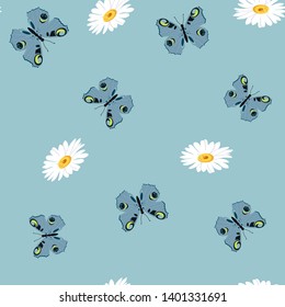 Seamless vector illustration with chamomile and butterflies on a blue background. For decorating textiles, packaging. web design.