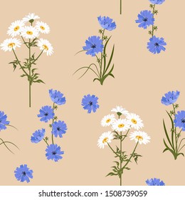 Seamless vector illustration with chamomile and chicory flowers on a beige background. For decoration of textiles, packaging, web design.