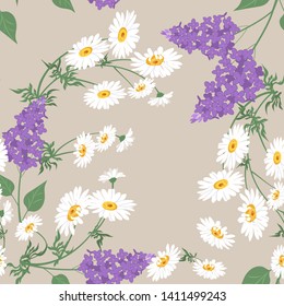 Seamless vector illustration with chamomile and lilac on a beige background. For decoration of textiles, packaging and web design.