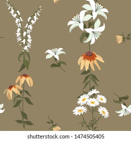 Seamless vector illustration with chamomile and lily. For decoration of textiles, packaging, web design.