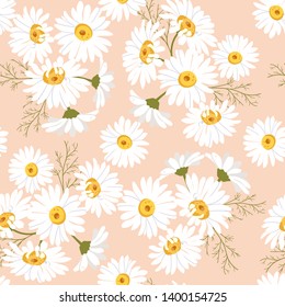 Seamless vector illustration with chamomile on a beige background. For decoration of textiles, packaging, web design.