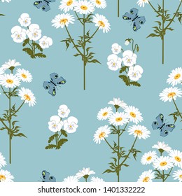 Seamless vector illustration with chamomile, pansy and butterflies on a blue background. For decorating textiles, packaging. web design.