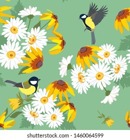 Seamless vector illustration with chamomile, rudbeckia and birds on a green background. For decoration of textiles, packaging, web design.
