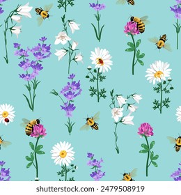 Seamless vector illustration with chamomiles, campanula, lavender and bees on a blue background. For decorating textiles, packaging, paper