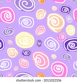 Seamless vector illustration of chaotic circles pattern on purple background.
