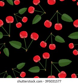Seamless vector illustration of cherries on a black background