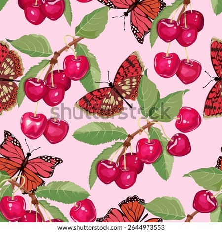 Seamless vector illustration with cherry branches and butterflies on a pink background. For decoration of textiles, packaging, wallpaper.