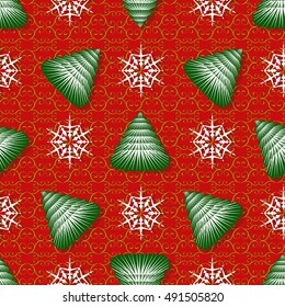 Seamless vector illustration Christmas background. Christmas trees, snowflakes, patterns