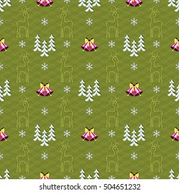 Seamless vector illustration of Christmas background. Bells, reindeer, Christmas trees, snowflakes