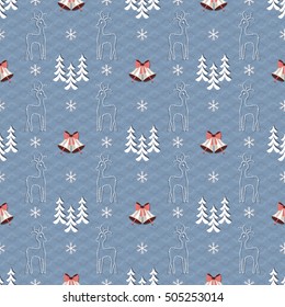 Seamless vector illustration of Christmas background. Bells, reindeer, Christmas trees, snowflakes
