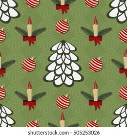 Seamless vector illustration of Christmas background. Christmas tree, candles, Christmas bells.