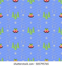 Seamless vector illustration of Christmas background. Bells, reindeer, Christmas trees, snowflakes