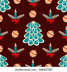 Seamless vector illustration of Christmas background. Christmas tree, candles, Christmas bells.