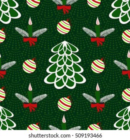 Seamless vector illustration of Christmas background. Christmas tree, candles, Christmas balls.
