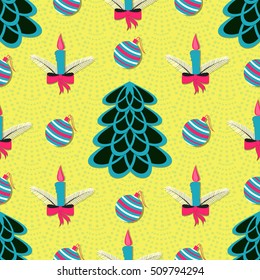 Seamless vector illustration of Christmas background. Christmas tree, candles, Christmas bells.
