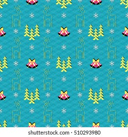 Seamless vector illustration of Christmas background. Bells, reindeer, Christmas trees, snowflakes