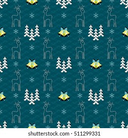Seamless vector illustration of Christmas background. Bells, reindeer, Christmas trees, snowflakes