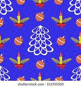 Seamless vector illustration of Christmas background. Christmas tree, candles, Christmas bells