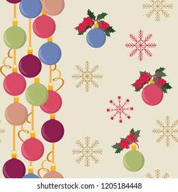 Seamless vector illustration with Christmas balls, holly berries and snowflakes. For decorating textiles, packaging, covers, web designs.