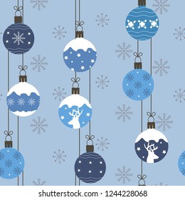 Seamless vector illustration with Christmas balls on blue background. For decoration of textiles, packaging, web design.