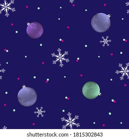 Seamless vector illustration with Christmas balls and snowflakes on a purple background. For decorating textiles, packaging, postcards.