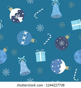 Seamless vector illustration with Christmas decorations and gifts on a blue background. For decoration of textiles, packaging, web design.