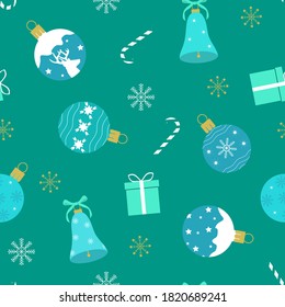Seamless vector illustration with Christmas decorations and gifts on a green background. For decoration of textiles, packaging, web design.