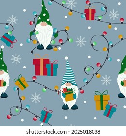 Seamless vector illustration with Christmas gnomes on a gray background. For decorating textiles, packaging, wallpaper.