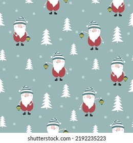 Seamless vector illustration with Christmas gnomes, tree and snowflakes. Can be use for decorating textiles, packaging, wallpaper.