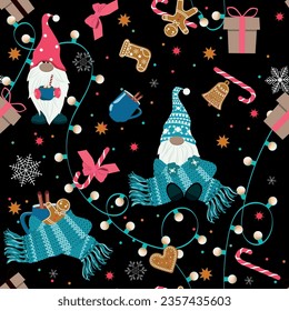 Seamless vector illustration with Christmas gnomes on a black background. For decorating textiles, packaging, wallpaper.