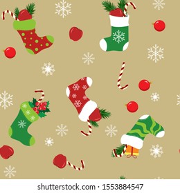 Seamless vector illustration with Christmas sock and gifts on a beige background. For textile decoration, packaging, web design.