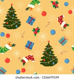 Seamless vector illustration with Christmas spruce, socks and gifts on a beige background. For textile decoration, packaging, web design.
