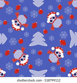 Seamless vector illustration of Christmas. Christmas tree, owls, snowflakes