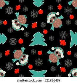 Seamless vector illustration of Christmas. Christmas tree, owls, snowflakes
