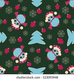 Seamless vector illustration of Christmas. Christmas tree, owls, snowflakes