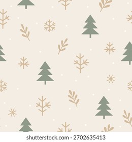 Seamless vector illustration with Christmas trees, snowflakes, and winter branches. Elegant holiday pattern ideal for seasonal wrapping, textiles, and backgrounds.
