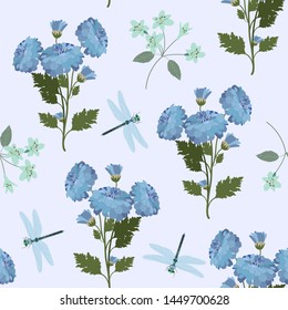 Seamless vector illustration with chrysanthemums and dragonflies on a blue background. For decoration of textiles, packaging, web design.