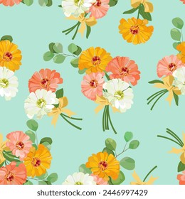 Seamless vector illustration with chrysanthemums and eucalyptus on a turquoise background. For decorating textiles and packaging.