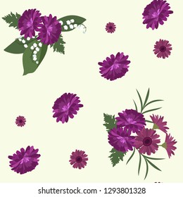 Seamless vector illustration with chrysanthemums and gerberas on a beige background. For decorating textiles, packaging, web design.