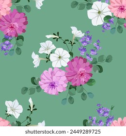 Seamless vector illustration with chrysanthemums and lavender on a green background. For decorating textiles and packaging.