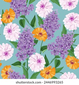 Seamless vector illustration with chrysanthemums and lilac on a blue background. For decorating textiles and packaging.