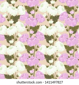 Seamless vector illustration with chrysanthemums on a light background. For decoration of textiles, packaging, web design.